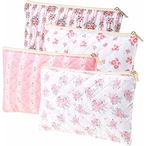 Pimoys Cotton Makeup Bag, Pink Floral Cosmetic Pouch, Zipper Travel Case | Soft cotton fabric, roomy daily storage, smooth zi