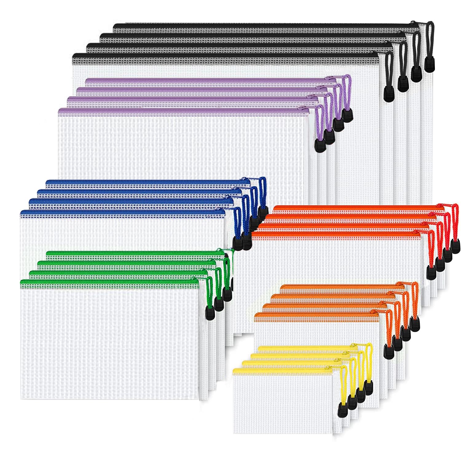 Newthinking Zip Plastic Wallets, 28 PCS Mesh Zipper File Folders in 7 Different Sizes(B4 A4 B5 A5 B6 A6 Bill), Waterproof Document Storage Bags for School Office Travel Receipts Storage