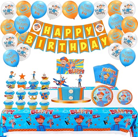 Amazon 英語の先生 Blippi 誕生日パーティー用品 ごみトラックパーティーパック 子供用 ハッピーバースデーバナー バルーン カップケーキトッパー プレート ナプキン テーブルクロス テーブルウェア 子供のパーティーデコレーション用 ゲスト人 パーティーグッズ