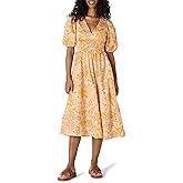 Amazon Essentials Women's Regular-Fit Cotton Sateen Puff Sleeve Midi Dress