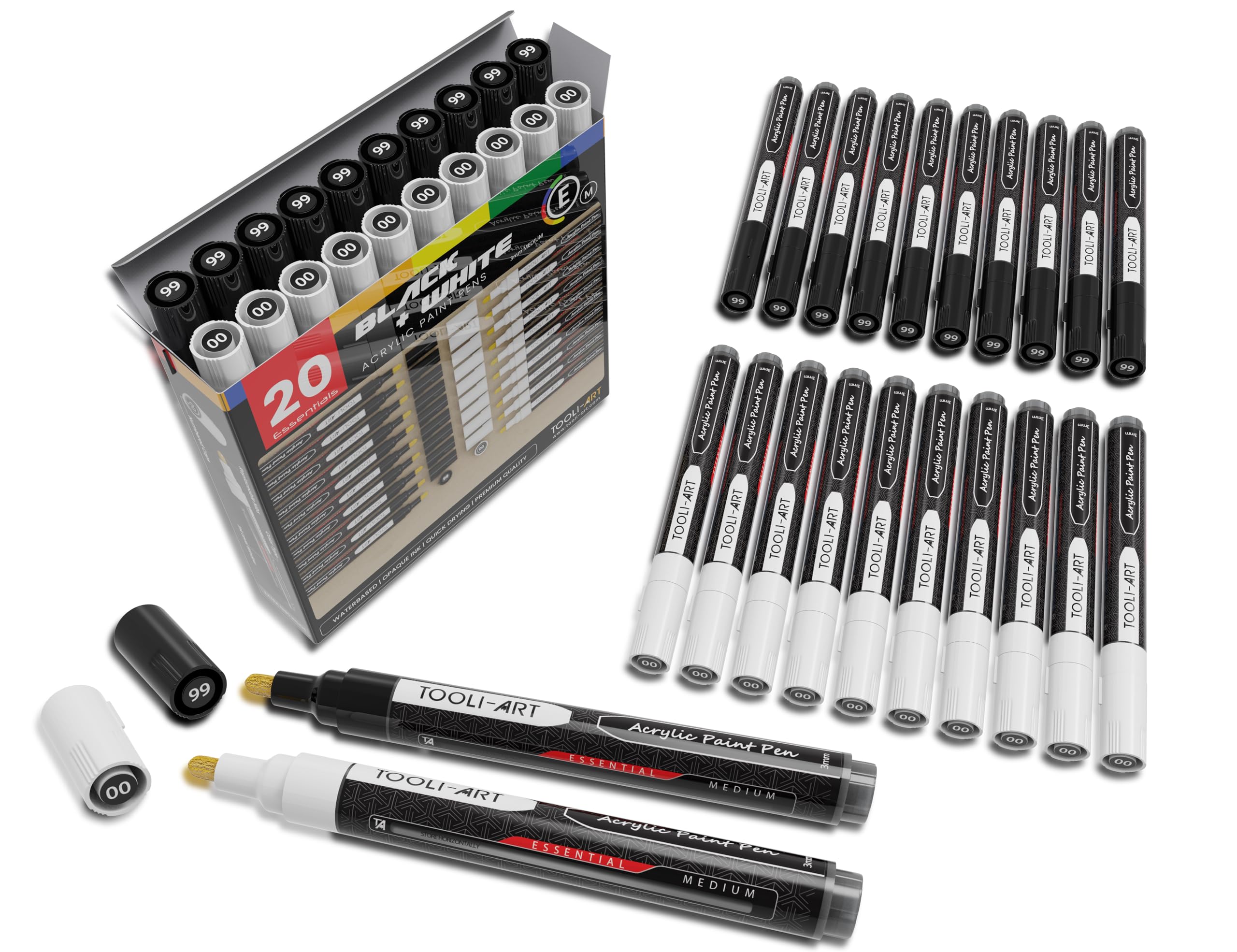 TOOLI-ART Black And White Acrylic Paint Markers Paint Pens Set For Rock Painting, Canvas, Mugs, Metal, Glass Paint, Fabric, Wood, DIY. Non Toxic, Quick Dry,Waterbas (MEDIUM)