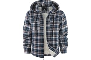ZITY Mens Hooded Flannel Plaid Jacket Full-Zip Fleece Flannel Jacket Winter Casual Shirt Outerwear with Chest Pocket