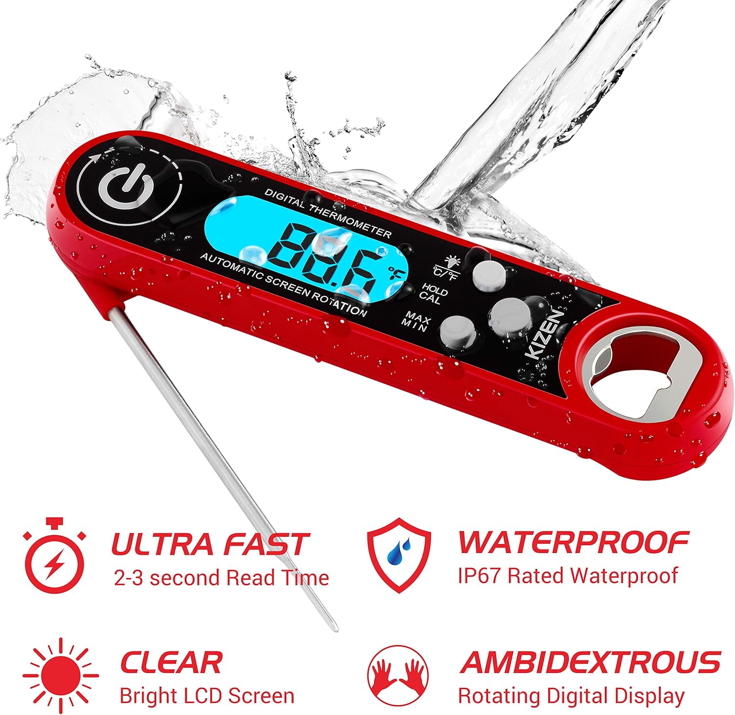 Kizen IP100 Instant Read Meat Thermometer - Waterproof Ambidextrous Thermometer with Backlight & Calibration. Digital Food Thermometer for Kitchen, Outdoor Cooking, BBQ, and Grill! (Red): Industrial & Scientific