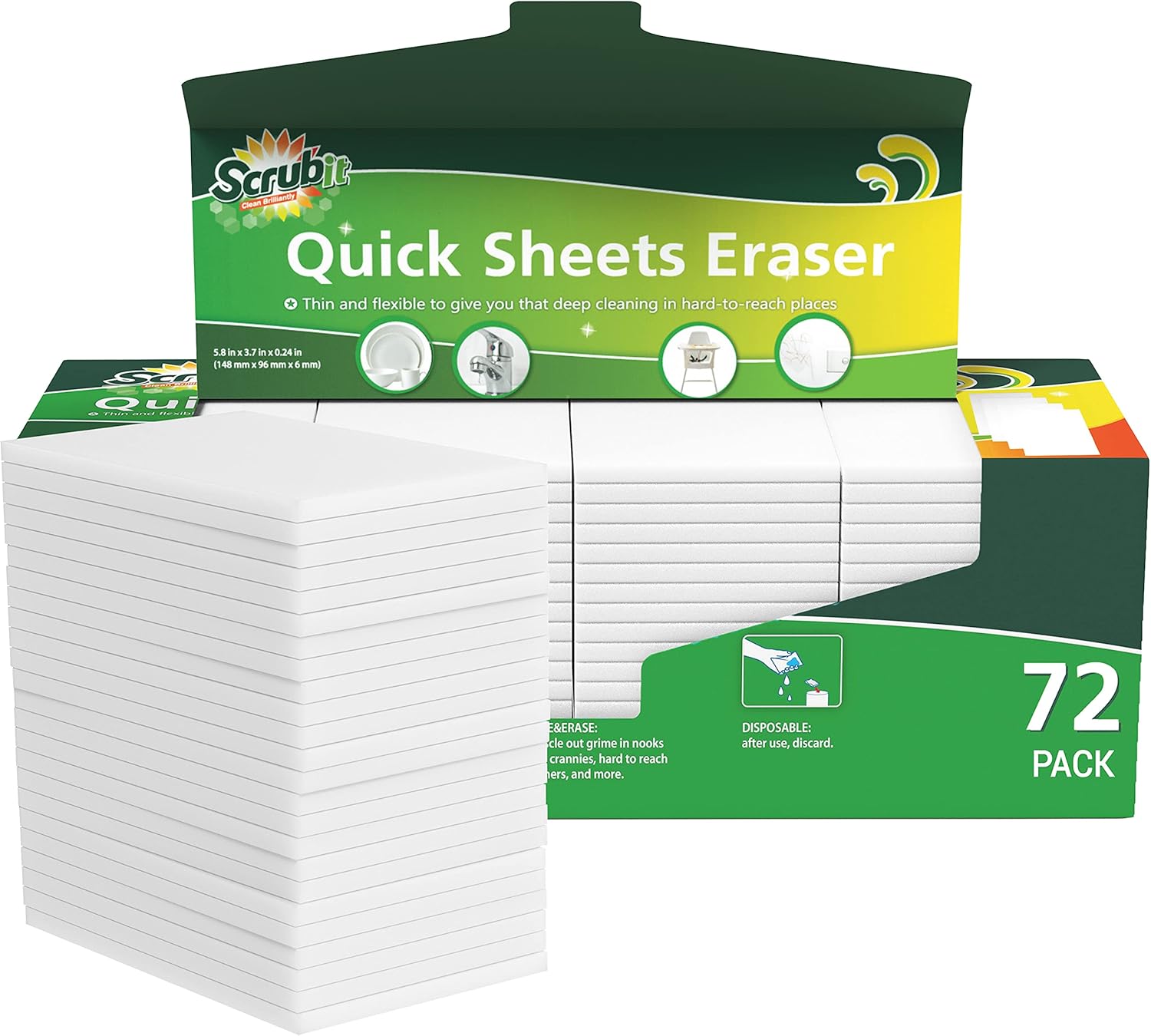 SCRUBIT Eraser Sheets – 72 Pack Disposable Magic Cleaning sponges - All Purpose Household Cleaner pads for Kitchen Couch and Bathroom: Health & Personal Care