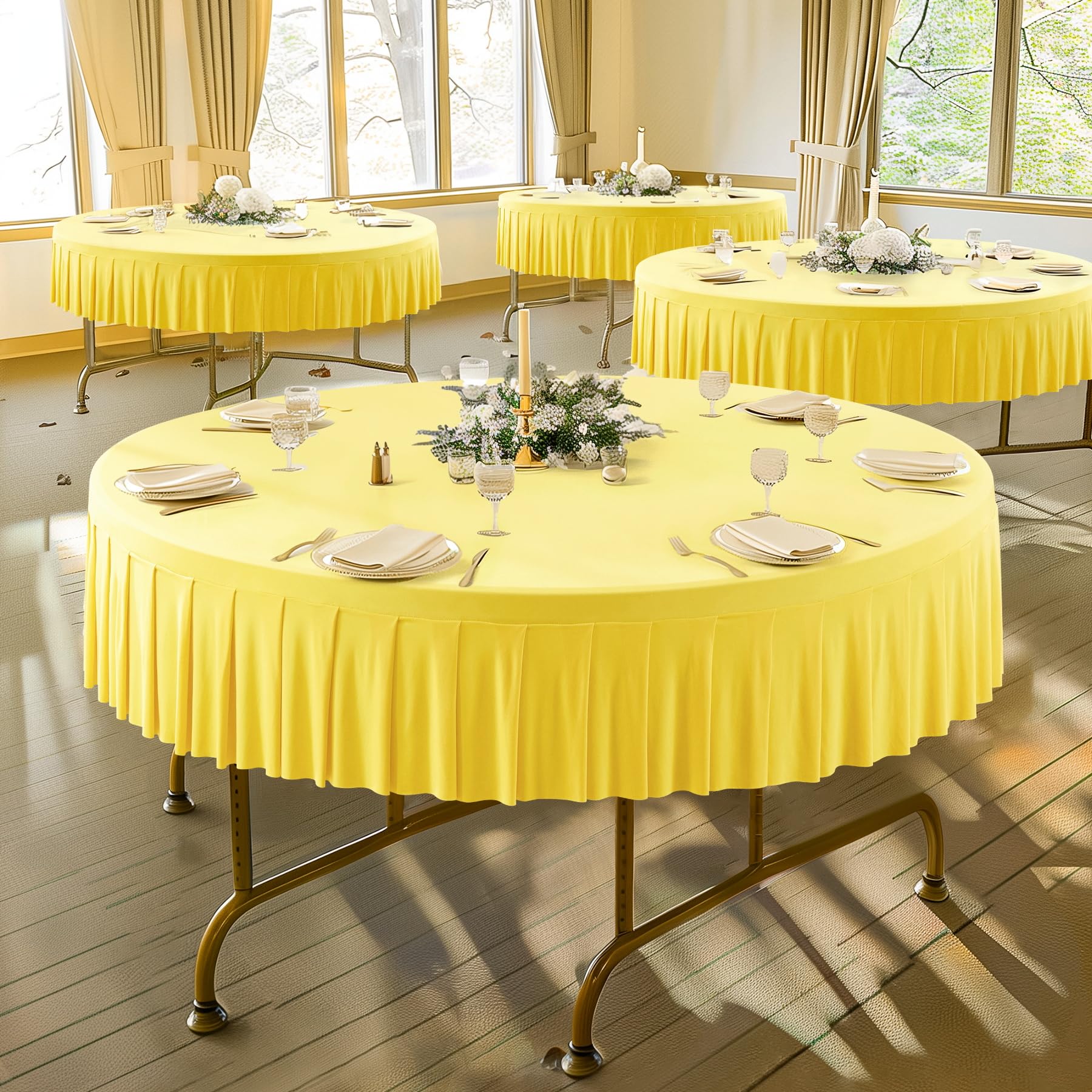 2 Pack Yellow Round Spandex Tablecloth for 72 inch Table, Wrinkle Free Stretchy 120inch Fitted 6FT Round Table Cloths Cover with Skirt for Wedding Birthday Party Dining Banquet Events