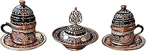 Handmade Copper Turkish Coffee Cups with Saucer and Lid (Set of 2) and Copper Turkish Delight Candy & Sugar Mini Bowl (Spring)