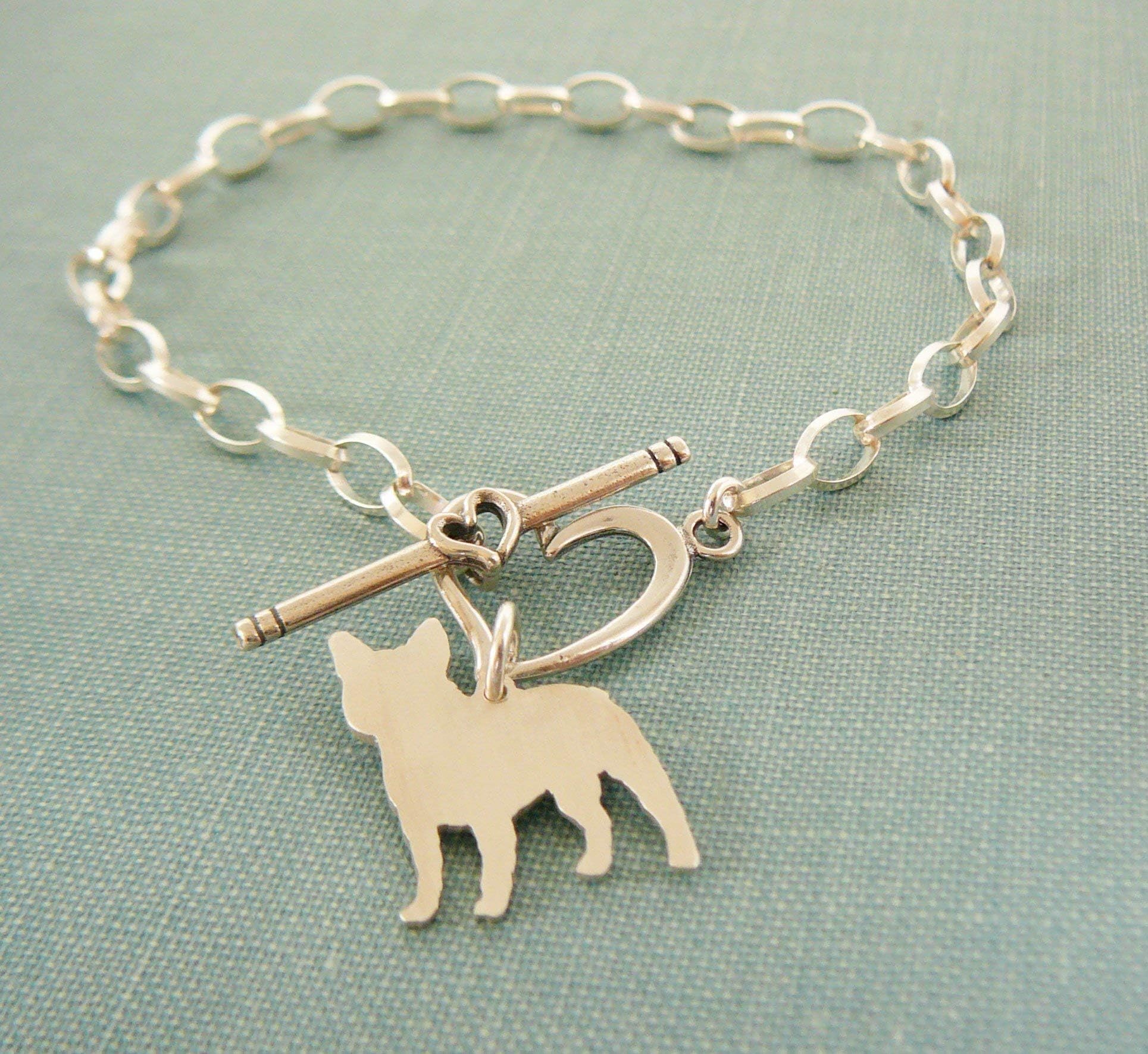 .925 Sterling French Bulldog Dog Chain Bracelet with Heart Toggle Your Pet Memorial Jewelry