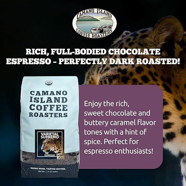 CAMANO ISLAND COFFEE ROASTERS VARIETAL SUPREMO ESPRESSO BLEND, GROUND 2LB, FRESH DARK ROAST, USDA ORGANIC, FAIRLY TRADED, SHADE GROWN ARABICA, CHOCOLATE, CARAMEL, HINT OF SPICE FLAVOR PROFILE