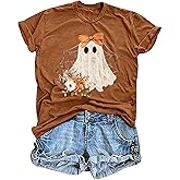 Halloween Ghost T Shirt Women Funny Pumpkin Printed Cute T Shirts Retro Spooky Season Tees Short Sleeve Fall Season Tees