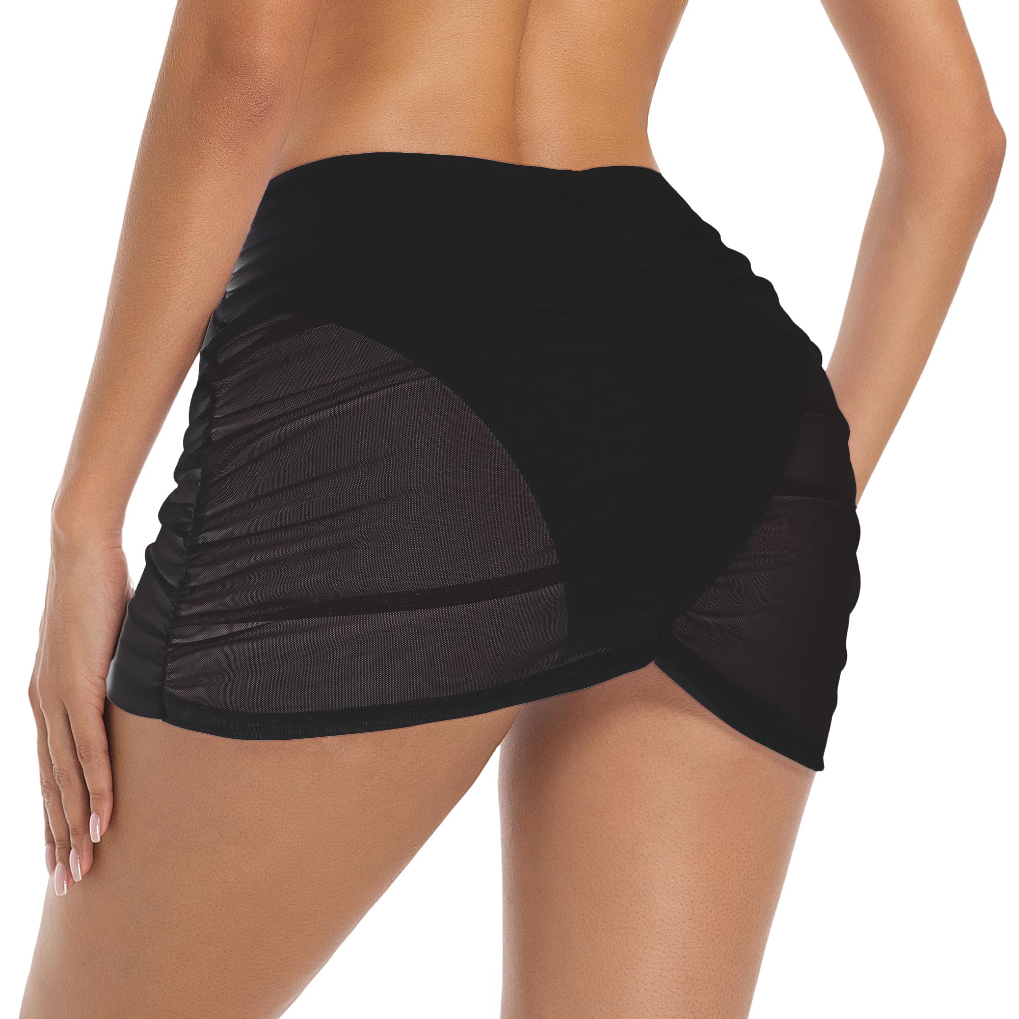 Photo 1 of AFOLIRY Women's High Waisted Bikini Swimsuit Bottoms with Ruched Mesh Swim Skirt Black
