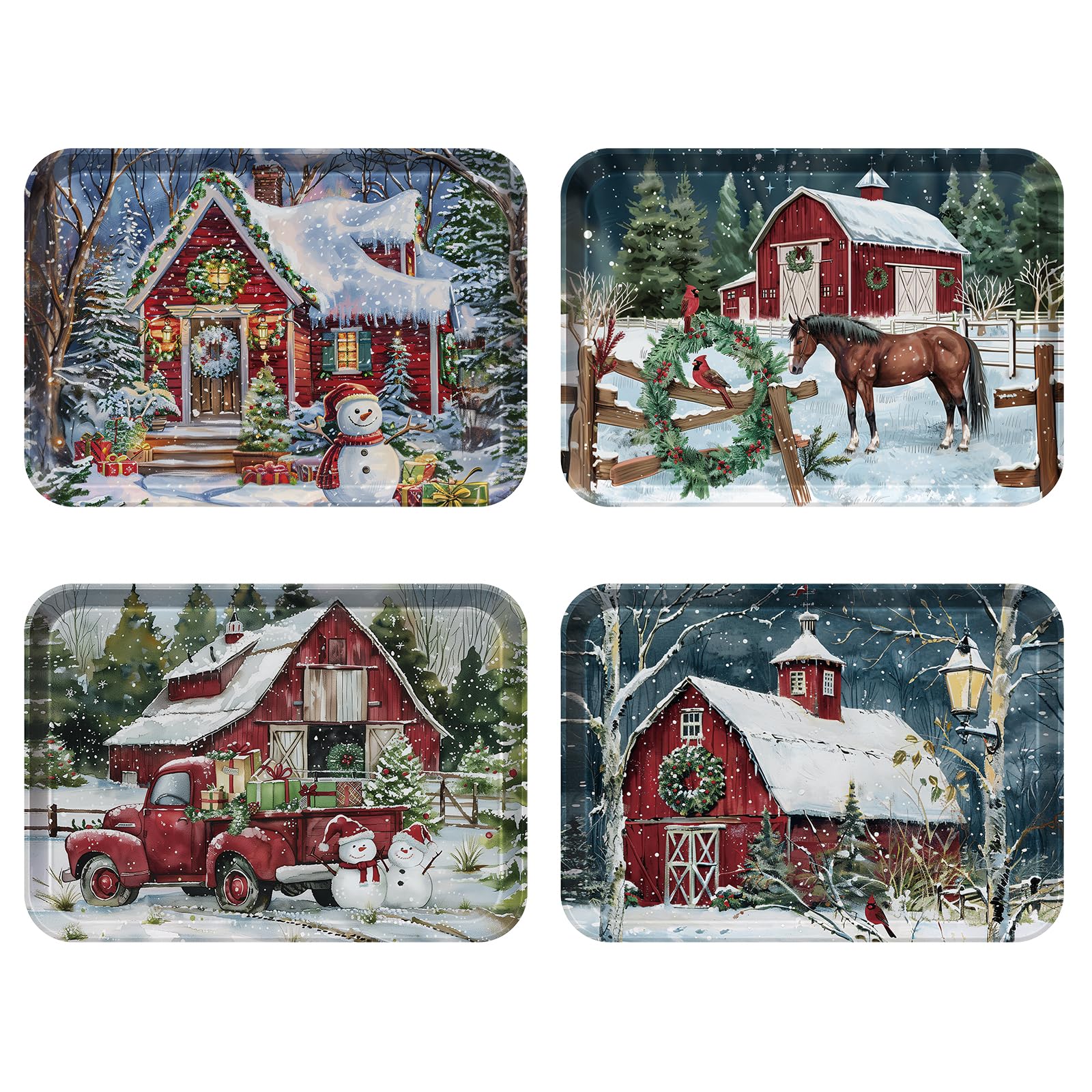 Photo 1 of ****BROKEN PIECES FROM PRODUCT *****VIYNRAN 4-Piece 15 x 11 Inch Christmas Serving Tray Set, Melamine Reusable Platters with Red Barns, Snowmen, Horses, and Truck, Holiday Party Snack, Fruit, Dessert, and Candy Dishes