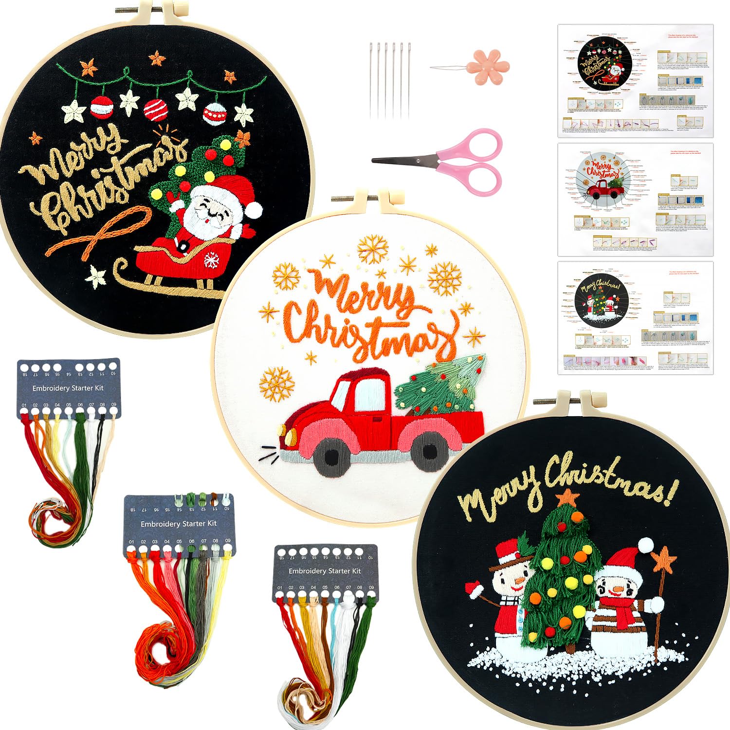 MAMUNU 3 Sets Christmas Embroidery Kits for Beginners Adults, Santa Snowman Car Stamped Cross Stitch Kits, Full Range of Embroidery Starter Kit with Instructions Hoops Threads and Tools