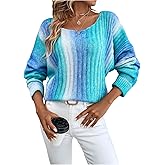WDIRARA Women's Ombre Scoop Neck Sweaters Long Sleeve Pullover Knit Tops