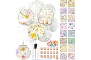 JOOTTUAN 16 Set Scallop Shells for Crafts 4''-5'' White Natural Shells with Holes DIY Ornament Seashells Included 32 Pcs Decoupage Paper Napkin Acrylic Paint Strips Colored Beads and Brushes for Home Decor