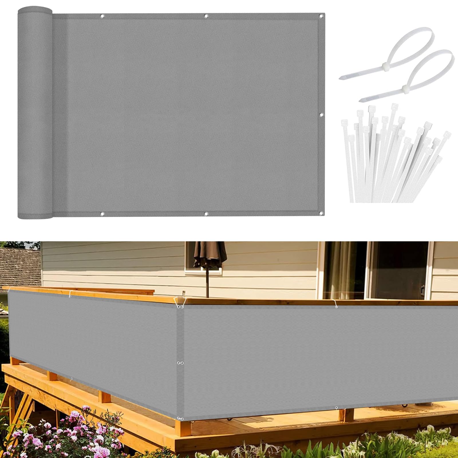 Sunnylaxx Balcony Privacy Screen 90x800 cm Fence Screen for Balcony and Patio,Balcony Cover, PES(170g/㎡) Water-Repellent Wind Protection,with Rope and Aluminium Eyelets Grey