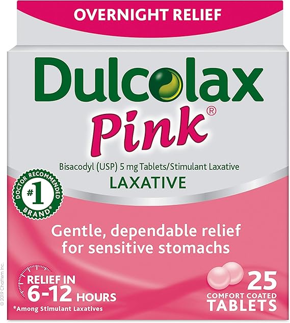 Amazon Com Dulcolax Pink Overnight Relief Stimulant Laxative Bisacodyl 5 Mg Comfort Coated Tablets 25 Count Health Personal Care