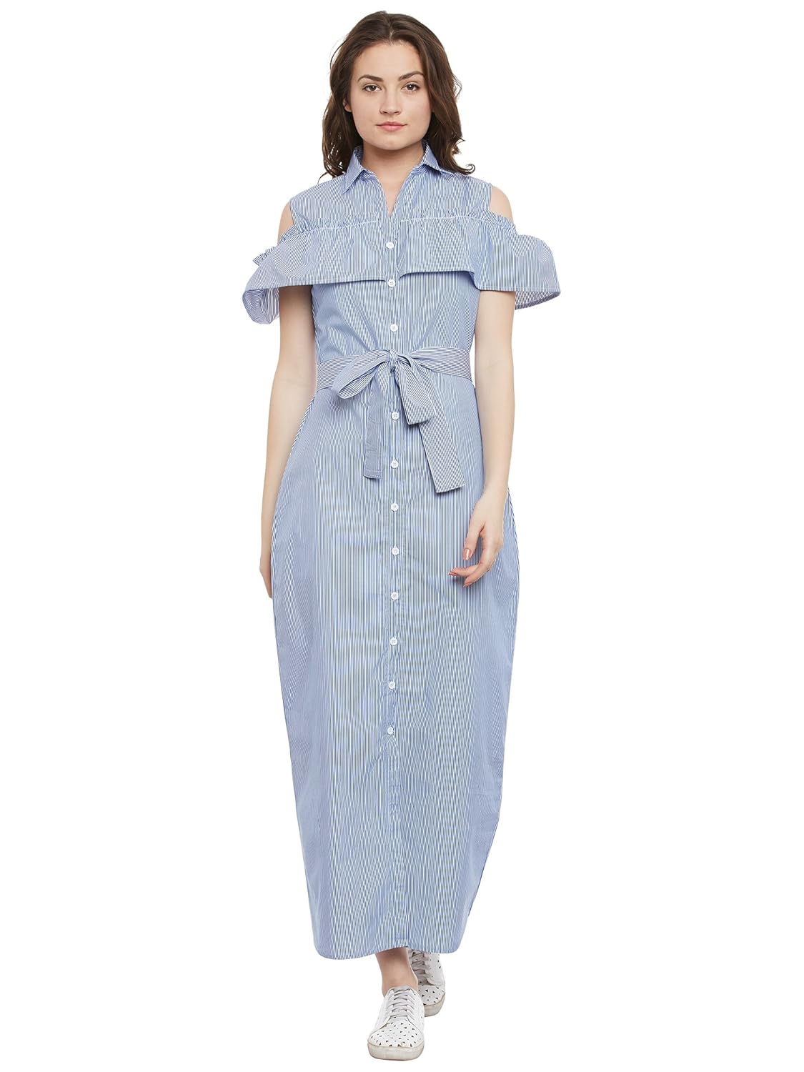 blue and white stripes ruffled button down maxi dress with belt