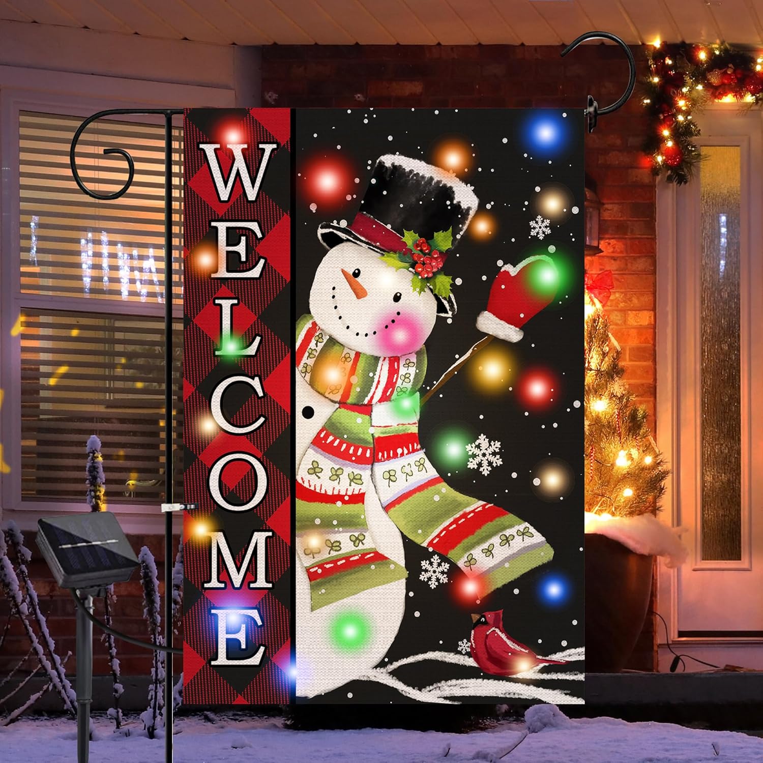 Flags - PINATA Christmas Garden Flag, Snowman Outdoor Decorations for Yard Porch Lawn, Solar LED Lighted Winter Flag 12x18 Double Sided, Welcome Small Burlap Seasonal Decor Cute Sign