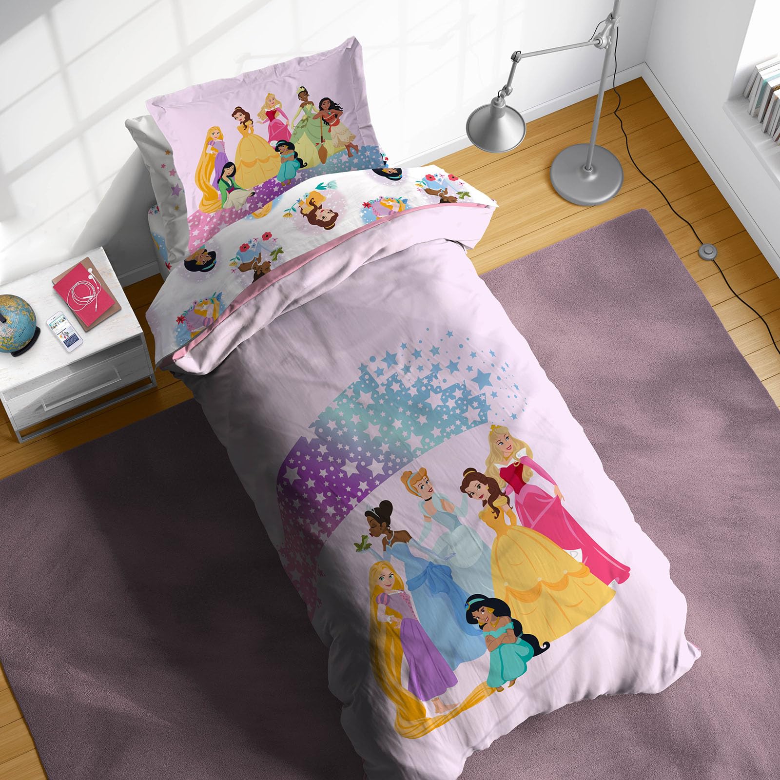 Photo 1 of Sunny Side Up Disney Princess Twin Comforter Set - 5 Piece Kids Bedding Includes Comforter, Sheets & Pillow Cover - Super Soft Rainbow Stars Microfiber Bed Set
