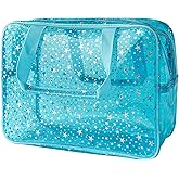 TotePrint Holographic Star Large Light Blue Makeup Cosmetic Organizer Bag and Travel Pouch with Handle,Durable Material,Zipper Design-Ideal for Makeup,Travel Essentials (Blue)