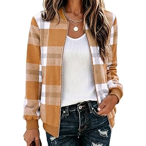 Zeagoo Jackets for Women 2026 Lightweight Bomber Jacket Plaid Flannel Coat | Women Fall Clothes, Winter Clothing with Pockets