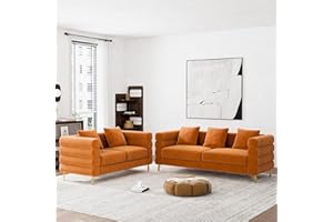 Wrofly Living Room Sofa and Loveseat Set, Modern Comfy Overstuffed Velvet Deep Seat Cloud Couch with 5 Pillows, Oversized Chesterfield Furniture Sets for Living Room Bedroom, Orange Velvet