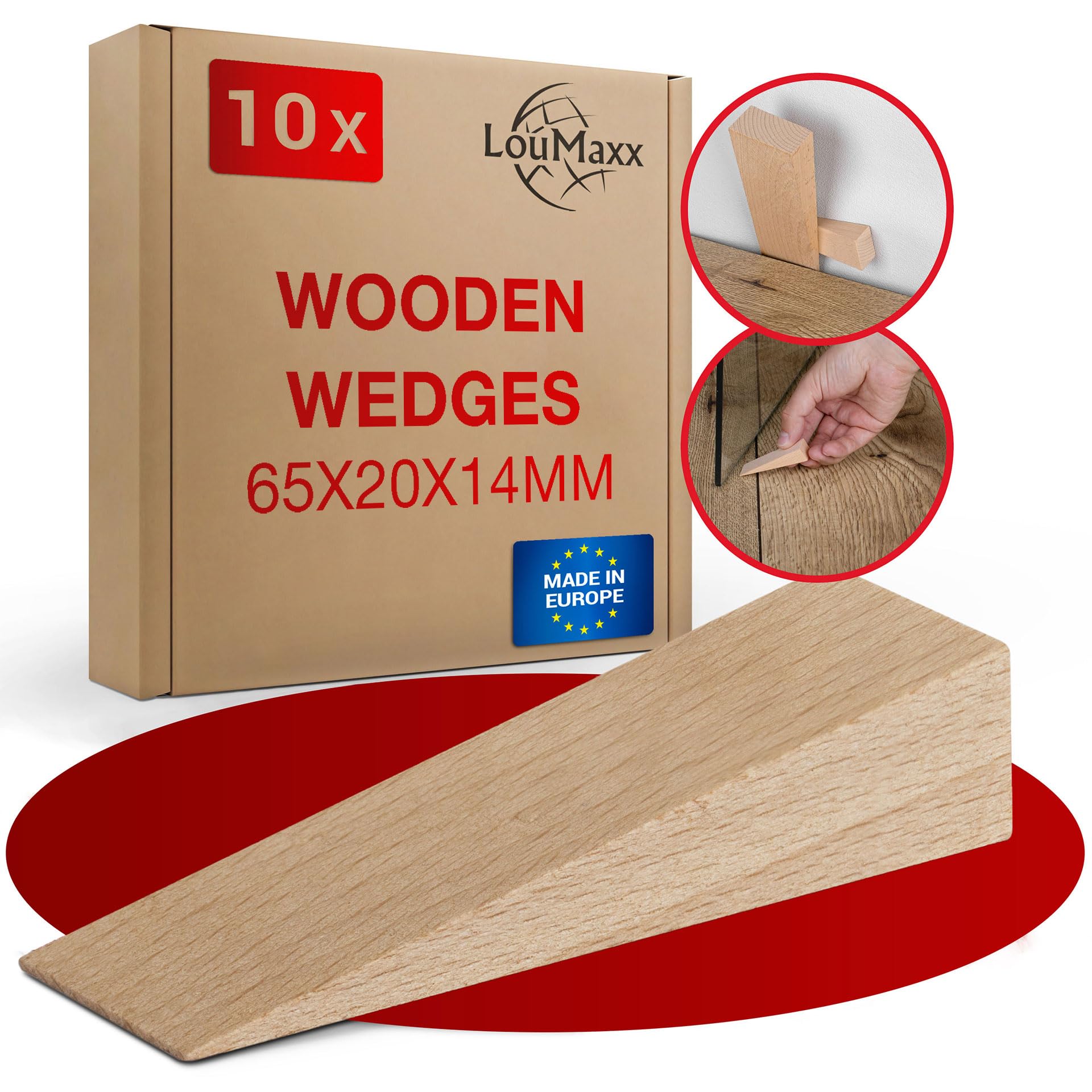 LouMaxx Set of 10 Natural Beech Wooden Wedges - 65 x 20 x 14 mm - Robust Hardwood Wedges for Door Stop, Mounting, Tile & Furniture Alignment