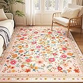 meejou 5x7 Area Rugs for Living Room Vacuum-Friendly Machine Washable Area Rug Flower Floral Printed Pattern Low Pile Non-Slip Carpet for Bedroom Hallway Entryway, Pink Beige