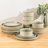 GBHOME 12-Piece Stoneware Dinnerware Set for 4 – Ribbed Ceramic Plates and Bowls, Scratch-Resistant, Microwave & Dishwasher Safe, Reactive Glaze, Desert Sage