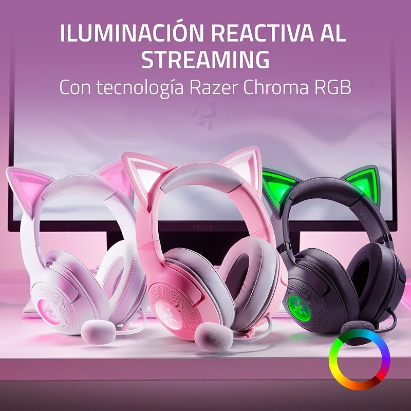 Kraken Kitty V2 - Auriculares RGB por Cable con Orejas de Gatito (Iluminación reactiva al Streaming, Micrófono cardioide HyperClear, Diafragmas de 40 mm Triforce, Sonido Envolvente 7.1) Negro