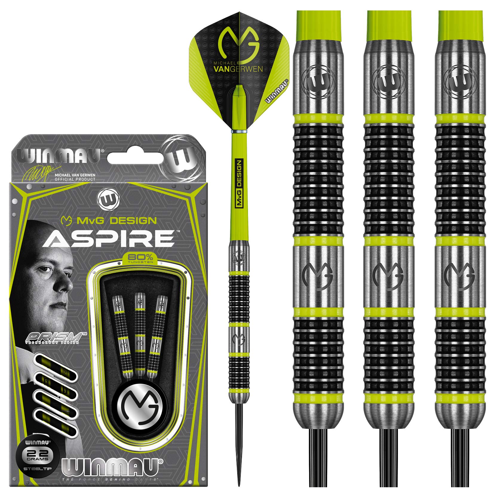 WINMAU Michael van Gerwen MvG Aspire Tungsten Steeltip Darts Set 22g with Prism Flights and Nylon Shafts (Stems)