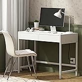 Treocho Computer Desk with USB Charging Ports and Power Outlets, Modern Simple 40 inch White Desk with 2 Drawers, Vanity Desk