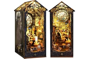 Losbenco Book Nook Kit, DIY Dollhouse Booknook Bookshelf Insert Decor Alley, DIY Book Nook Miniature Kit with Lights, 3D Wooden Puzzle Decorative Bookend Miniature Model Kits for Kids/Adults