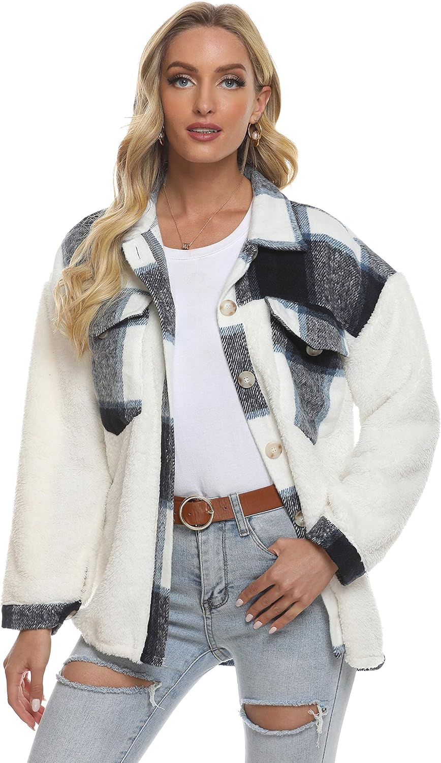 Himosyber Women's Double Side Fleece Sherpa Plaid Lapel Patchwork