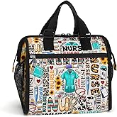 84hoods Large Lunch Bag for Women. Insulated Lunch Box for Work Office Travel Picnic with Adjustable Strap. Gift for Nurse. Sunflower Typography.