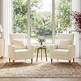 COLAMY Mid-Century Modern Upholstered Accent Chair with Back Pillow &amp; Solid Wood Legs, Fabric Cozy Armchair for Living Room, Bedroom, Reading Nook, Apartment &amp; Small Spaces, Beige