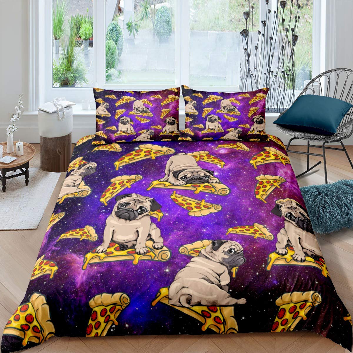Loussiesd Kids Cute Pug Dog Bedding Set for Girls Boys Children Pet Dog Animal Pattern Comforter Cover Decorative Galaxy Glitter Duvet Cover Pizza Print Bedspread Cover Double Size 3Pcs Bedclothes