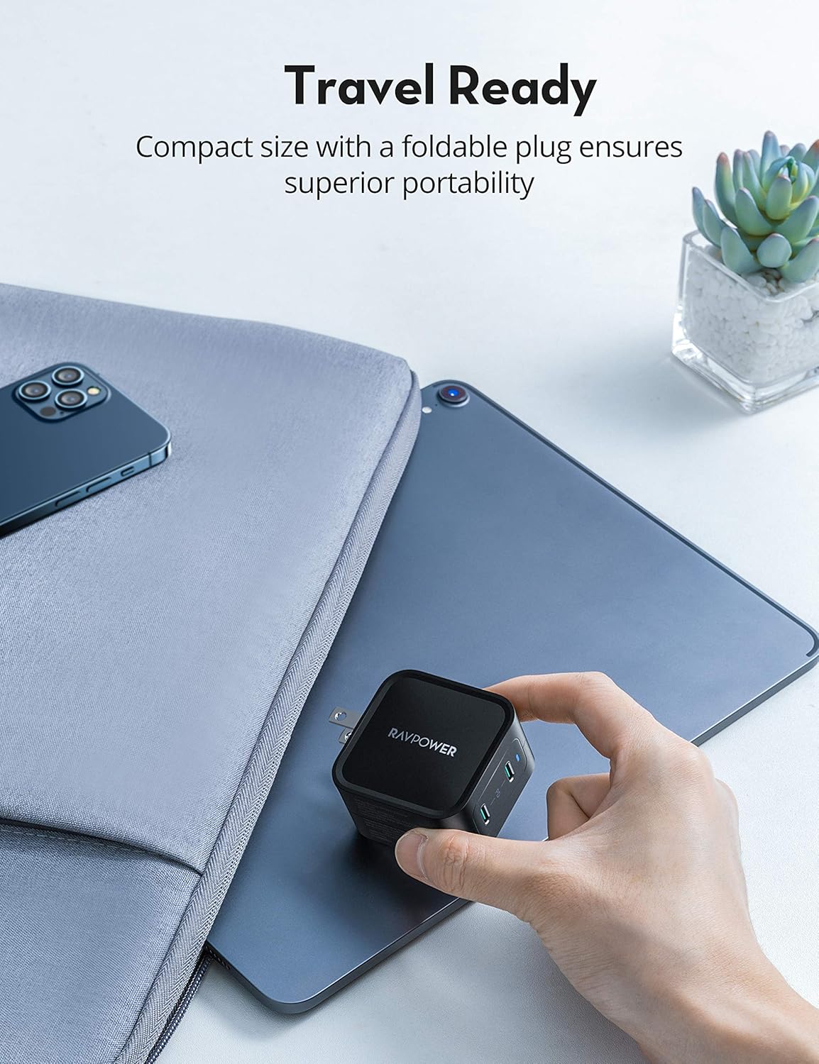 USB C Charger RAVPower 65W PD Charger 2-Port Foldable iPhone Fast Wall Charger, GaN Tech & PD 3.0 Compact Type C Adapter for iPhone 12 Max, MacBook Pro, Galaxy, Switch, iPad Pro(C to C Cable Included)