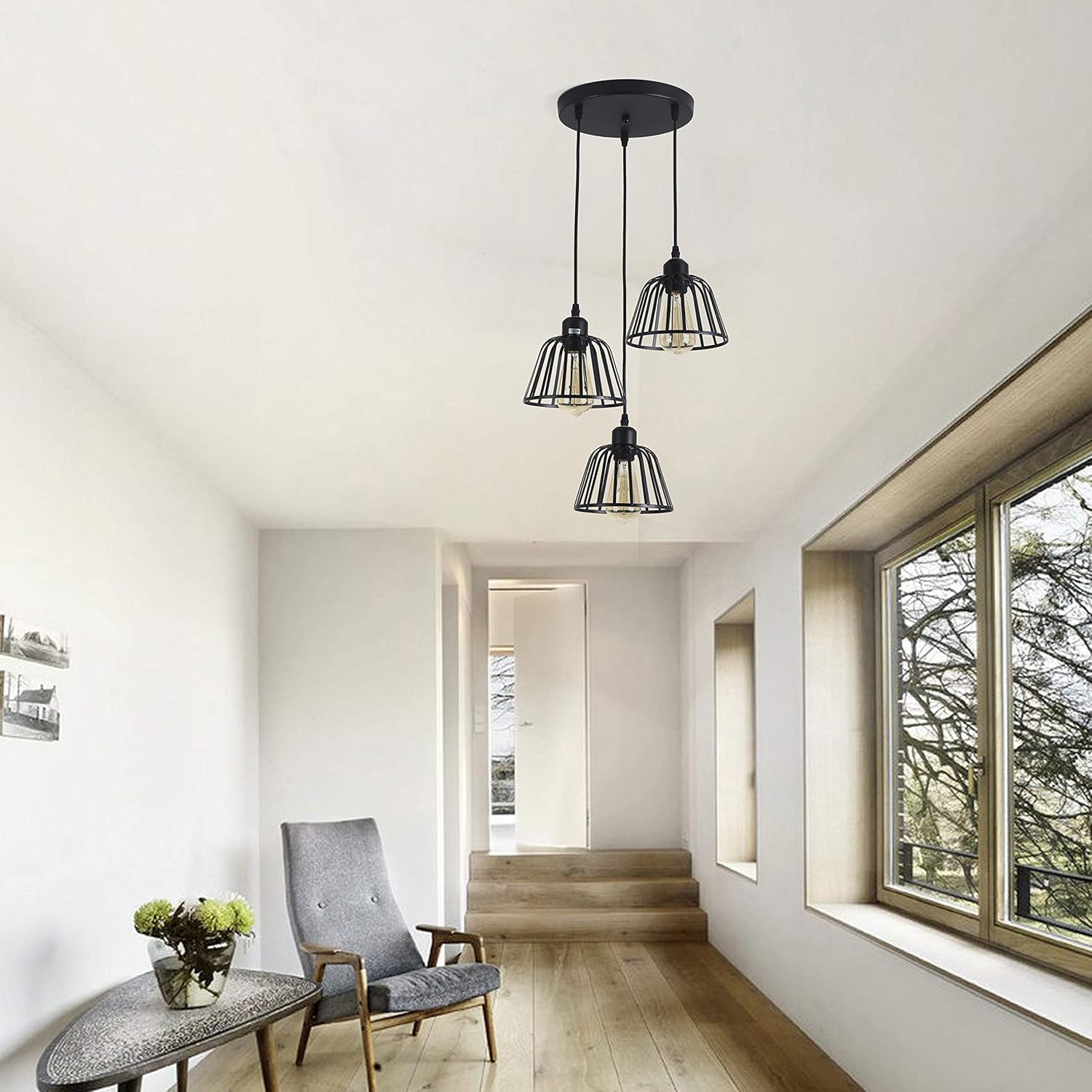 Rustic Industrial Pendant Light, 3 Lights Industrial Ceiling Hanging Light Fixture Chandelier E26 for Kitchen Island Bedroom Living Dining Room, Black - - 