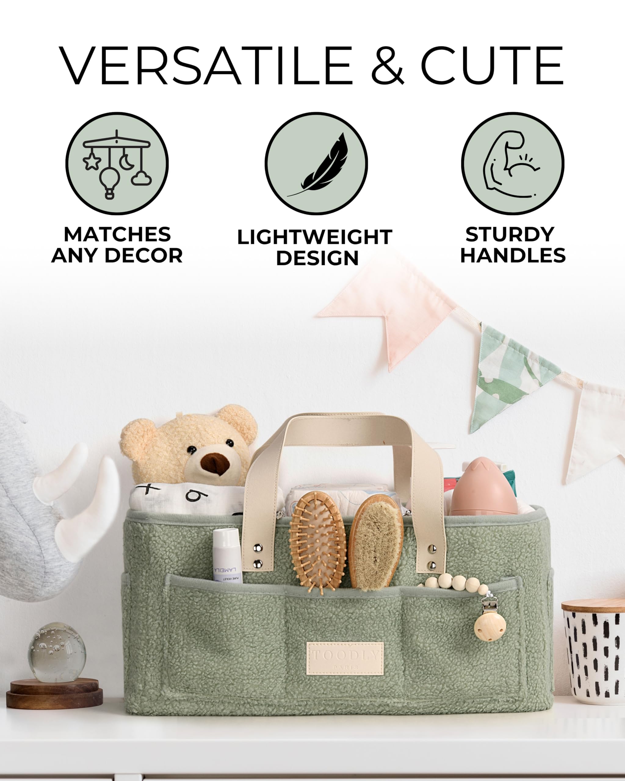 Baby Diaper Caddy Organizer with Portable Changing Mat - Teddy Fleece Diaper Organizer for Changing Table - Basket for Changing Essentials - Baby Essentials Organizer with Removable Dividers