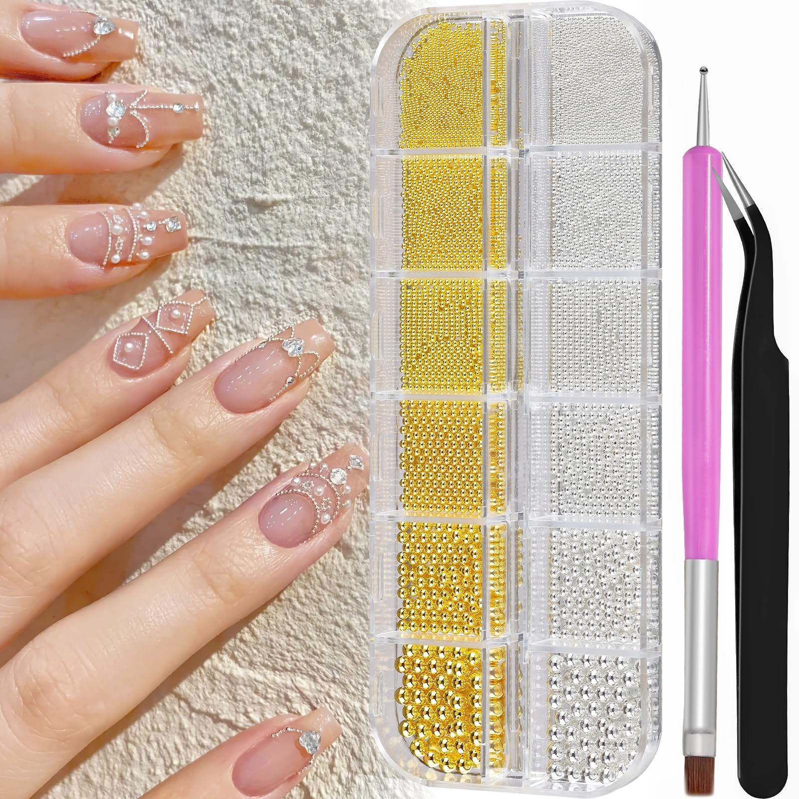 Photo 1 of 3D Mini Small Metal Stainless Steel Caviar Nail Beads Balls, 0.8-3mm Gold Silver Alloy Nail Art Chain Charms Studs with Tweezers and Dual-end Brush (1-K1-metal-beads)