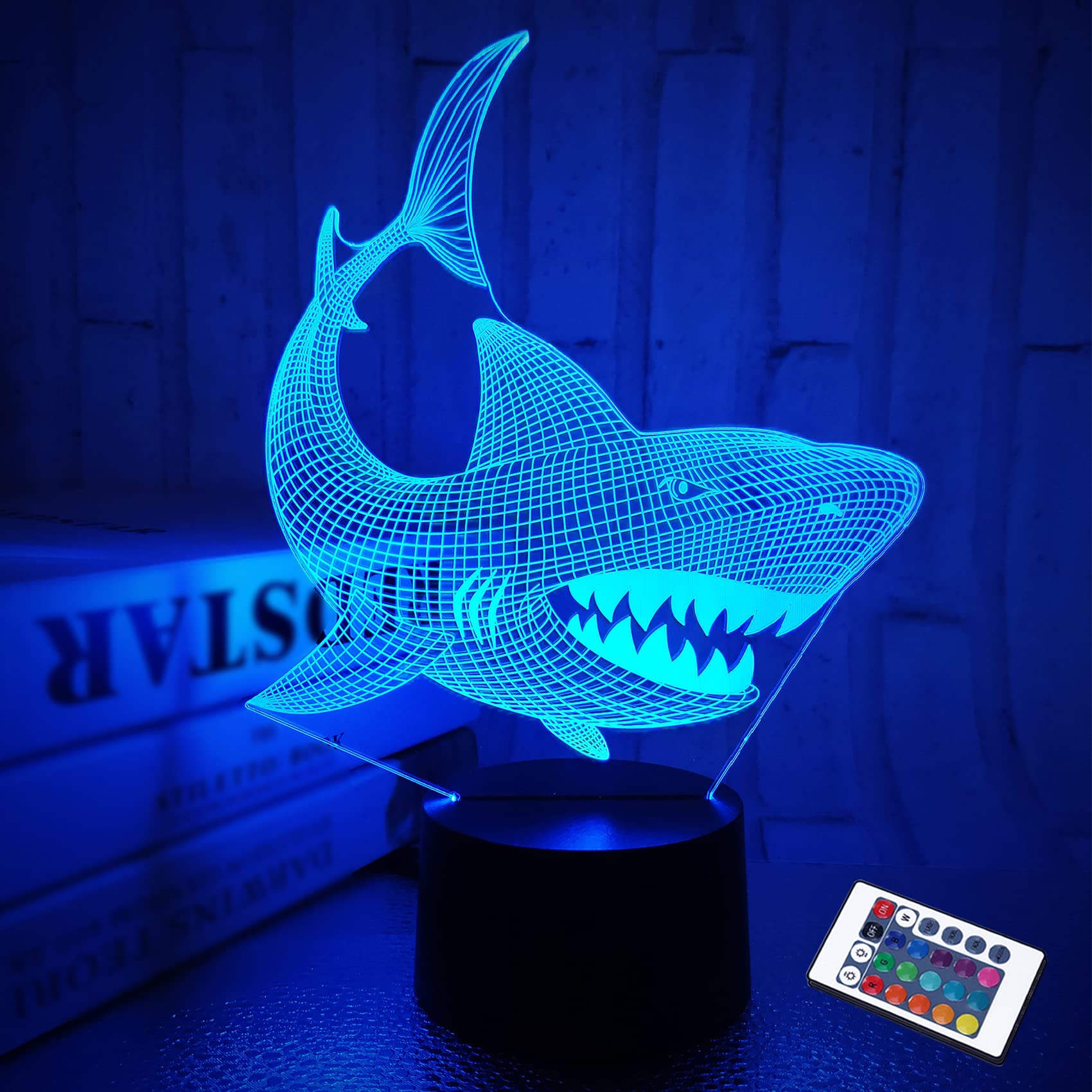 FULLOSUN Shark 3D Illusion Night Light Animal Touch Table Desk Lamp, with Remote Control 16 Colors Optical USB LED Nightlight for Kids Gift Room Decoration