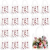 Silkfly 24 Pcs Valentine's Day Heart Clear Gift Bag with Handle, 8 x 8 x 3.15 Inch Transparent PVC Wrap Bags with Button Reusable Plastic Treat Tote Shopping Bag for Valentine Gift Wedding Party Favor