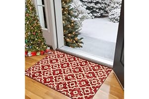 Wonnitar Christmas Entryway Rug Washable Indoor Door Mat,Red Kitchen Rug Non-Slip Soft Low Pile Accent Mat,Moroccan Winter Holiday Xmas Floor Carpet for Bedroom Bathroom Laundry Decorations
