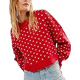 Womens Cropped Pullover Sweater Polka Dot Chunky Knit Sweater Floral Printed Crewneck Long Sleeve Fall Winter Outfits(L,Red)