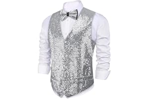 Barry.Wang Mens Sequins Vest Formal/Leisure V-neck Shiny Waistcoat Bowtie Set Prom Party Tuxedo