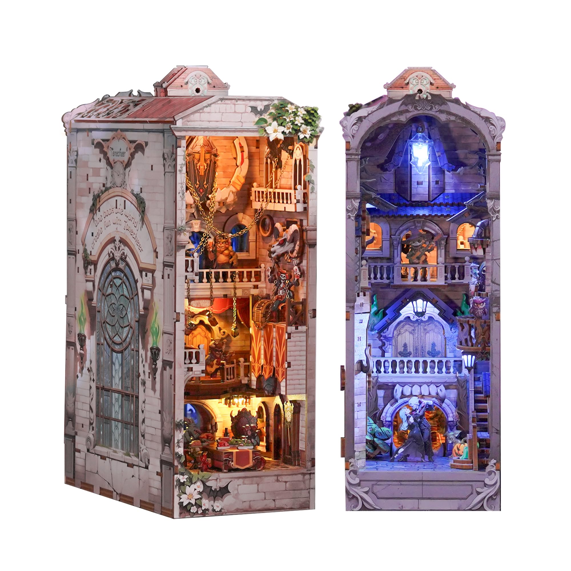 Tonecheer DIY Book Nook Kit for Adults, Double-Sided Booknook Wooden 3D Puzzle Bookend Miniature House Kit, Fantasy Bookshelf Decor with Dust Cover and LED Light for Birthday Gifts (Monster Carnival)