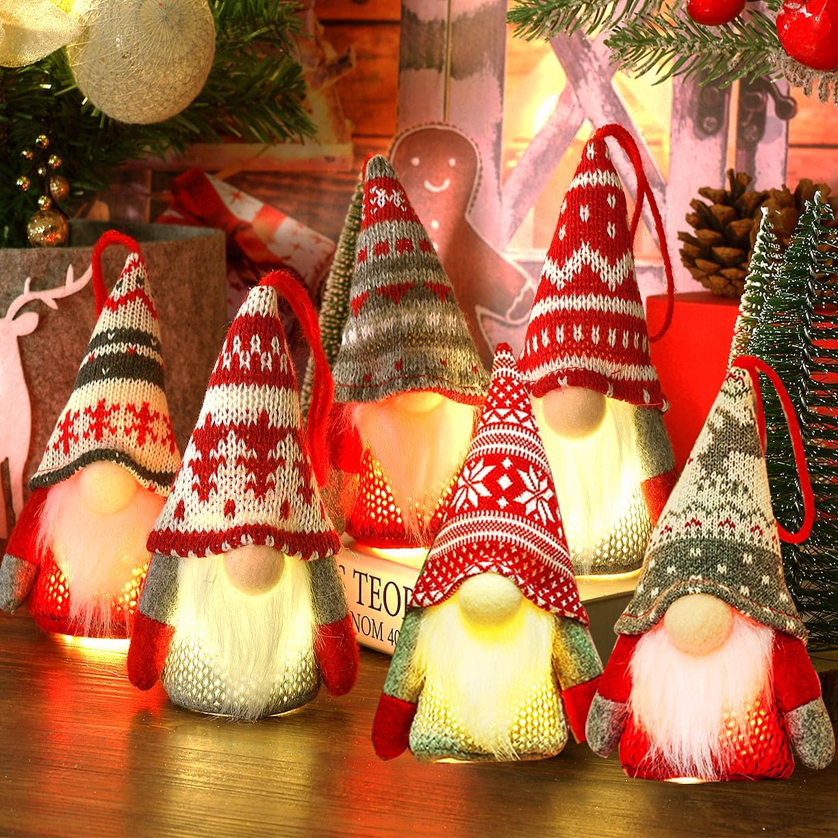 Johiux 6 Pieces Christmas Tree Decorations LED Gnomes Hanging Ornaments, Gnomes with Led Light Xmas Decorations Gonks Christmas,Swedish Nordic Indoor Decoration Holiday Decor.