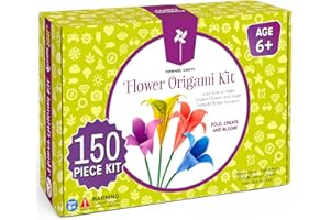 Pinwheel Crafts Flower Origami Kit for Kids Ages 8-12 | 150 Pcs Origami Paper Kit w/Multicolor Folding Papers, Chenille Stems,Buttons and Jewels, Arts and Crafts Paper Book for Kids Ages 6+