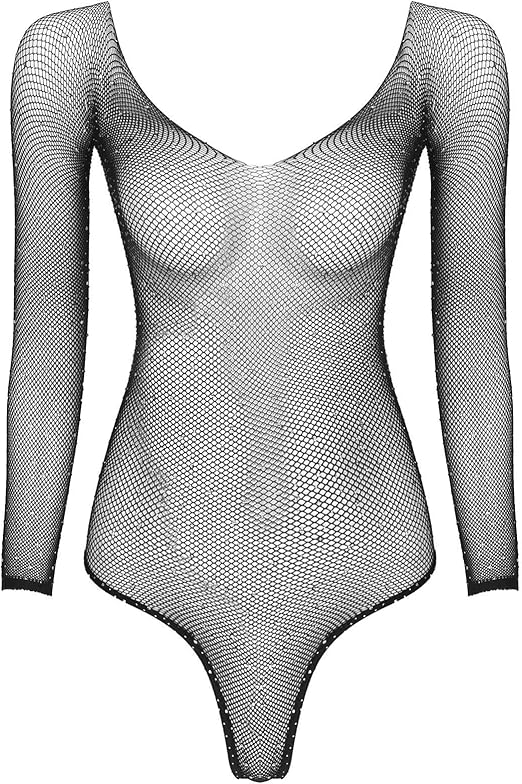 Amazon.com: zdhoor Womens Glitter Rhinestone Fishnet Teddy Lingerie Bodysuit Mesh Long Sleeve 